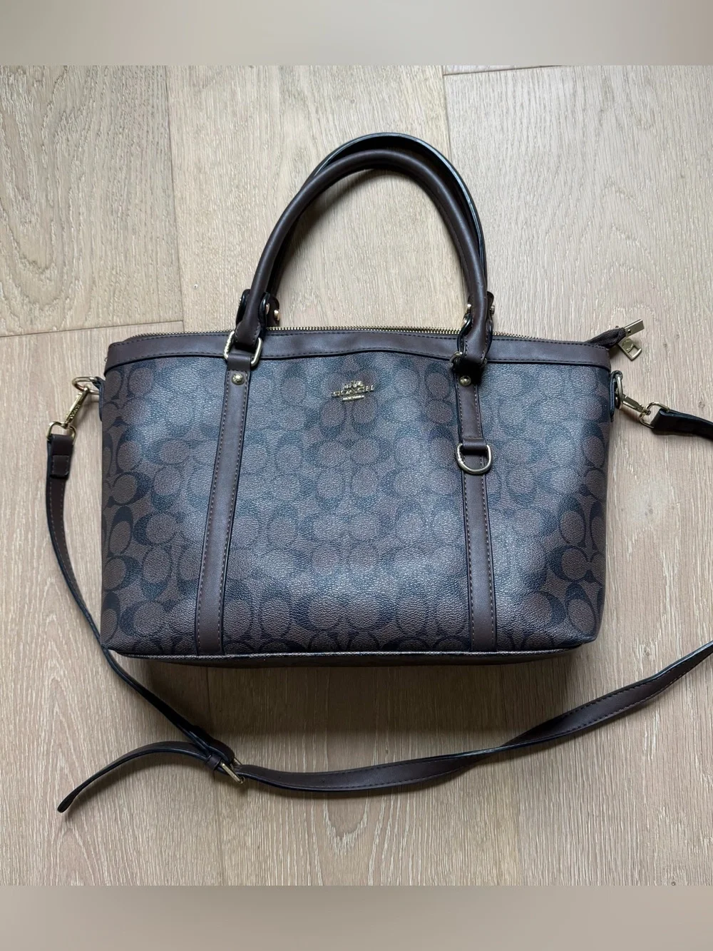 Coach Brown Signature Canvas Satchel with Dark Brown Leather Trim